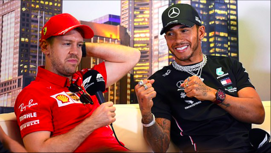 Vettel e Hamilton em uma entrevista nos tempos de Ferrari do piloto alemão