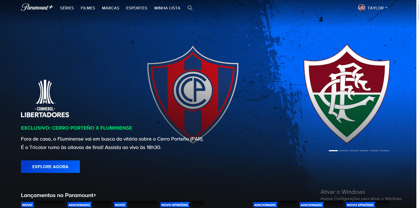 Interface do App Paramount+, apresentando a partida entre Cerro Porteño x Fluminense