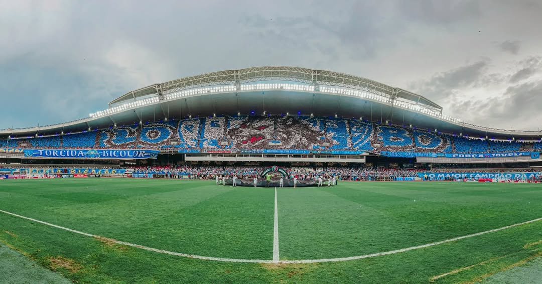 Mosaico da torcida do Paysandu no Re-Pa com os escudos do clube e o mascote Lobo. Foto: Léo Lods / Paysandu