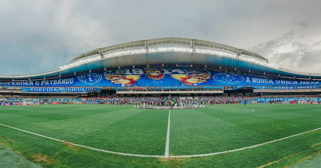 Mosaico da torcida do Paysandu no Re-Pa, com os escudos do clube e o mascote Lobo. Foto: Léo Lods / Paysandu