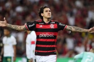 Pedro, do Flamengo, comemora gol contra o Palmeiras. Foto: Gilvan de Souza / CRF